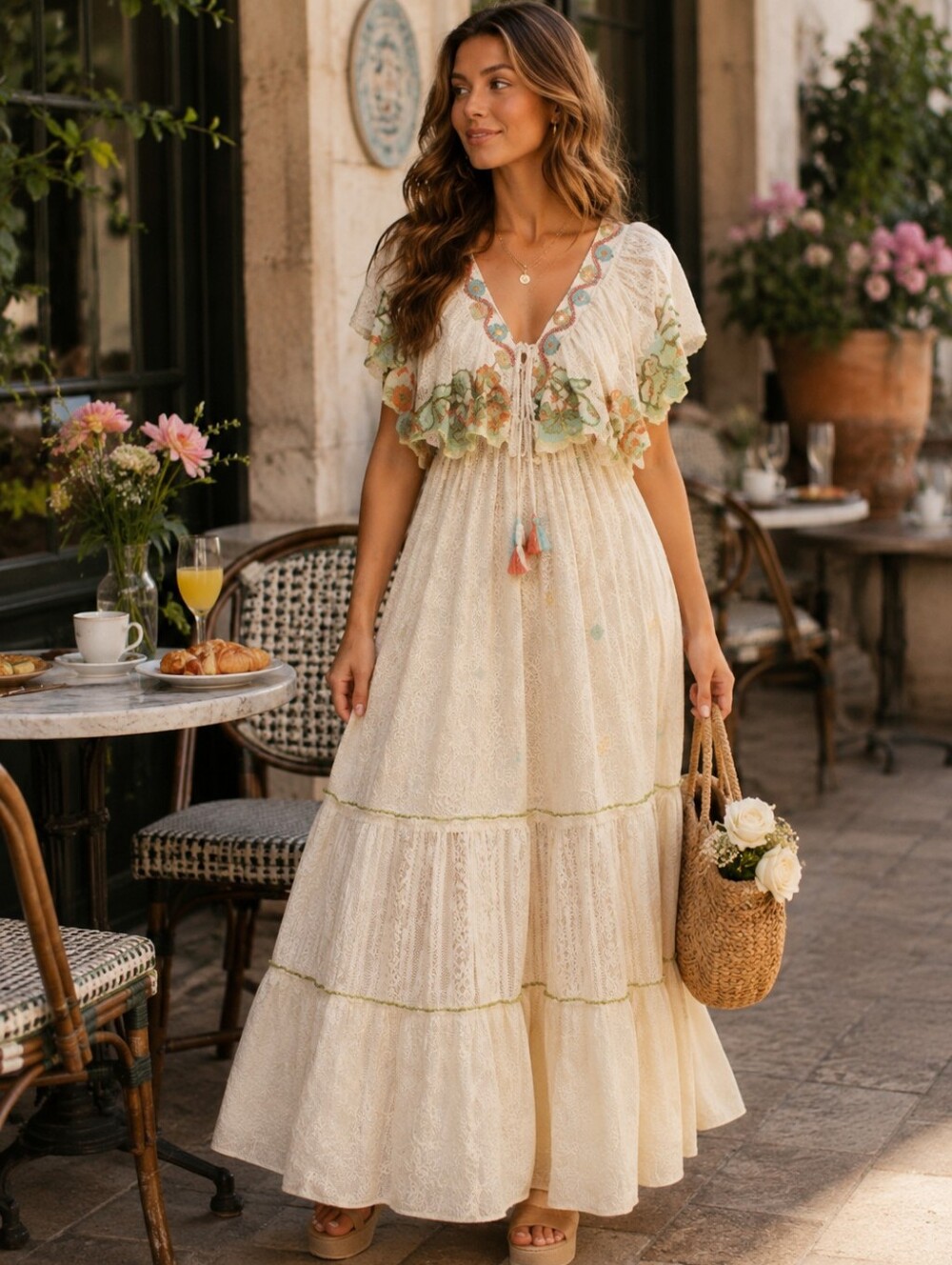 NWT - Bohemian Cream Maxi Dress with Embroidered Details, Size M/L